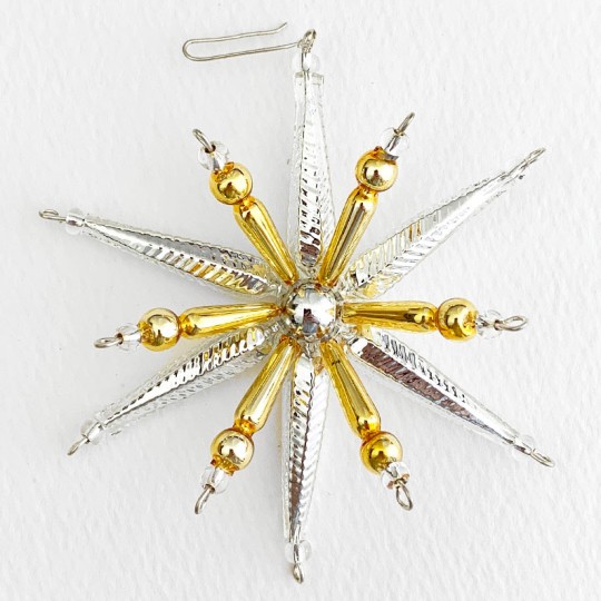 Silver and Gold Starburst Glass Bead Ornament ~ 3-1/2" ~ Czech Republic