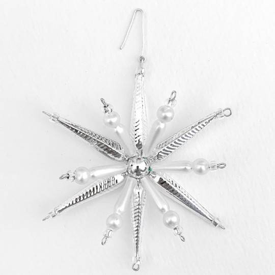Silver and Matte White Starburst Glass Bead Ornament ~ 3-1/2" ~ Czech Republic
