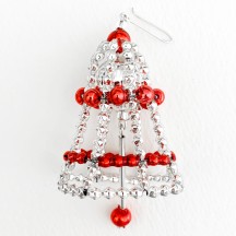 Silver + Red Glass Bead Bell Ornament ~ 2-1/2" ~ Czech Republic