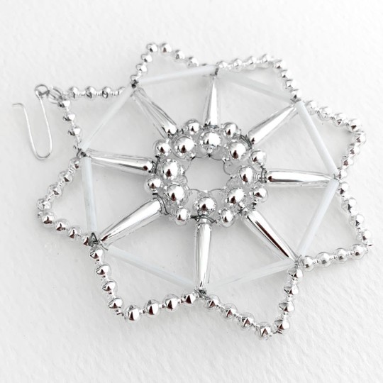 Silver Fancy Openwork Glass Bead Snowflake Christmas Ornament ~ 3-1/2" ~ Czech Republic