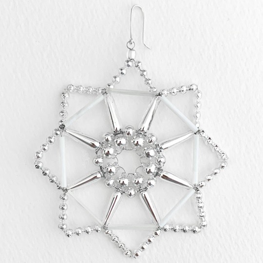 Silver Fancy Openwork Glass Bead Snowflake Christmas Ornament ~ 3-1/2" ~ Czech Republic