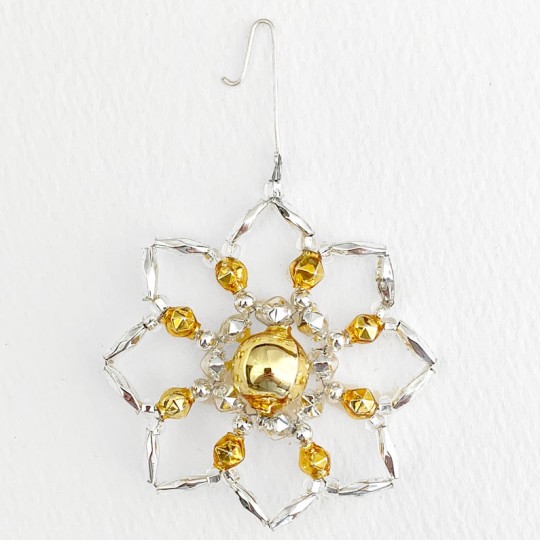 Silver and Gold Glass Bead Star Flower Ornament ~ 2-1/2" ~ Czech Republic
