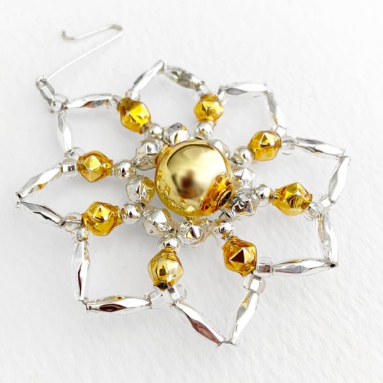 Silver and Gold Glass Bead Star Flower Ornament ~ 2-1/2" ~ Czech Republic