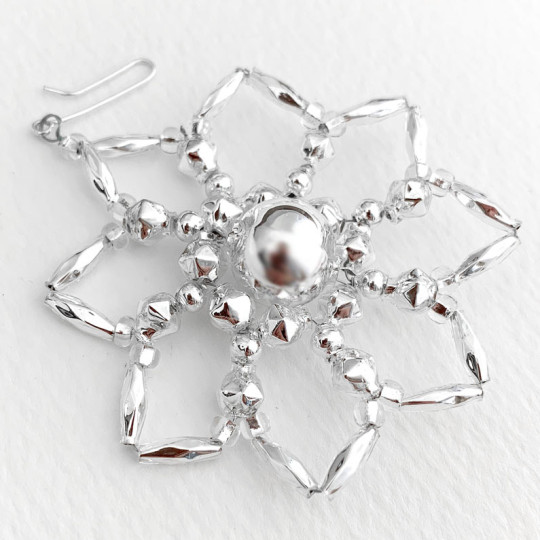 Silver Glass Bead Star Flower Ornament ~ 2-1/2" ~ Czech Republic