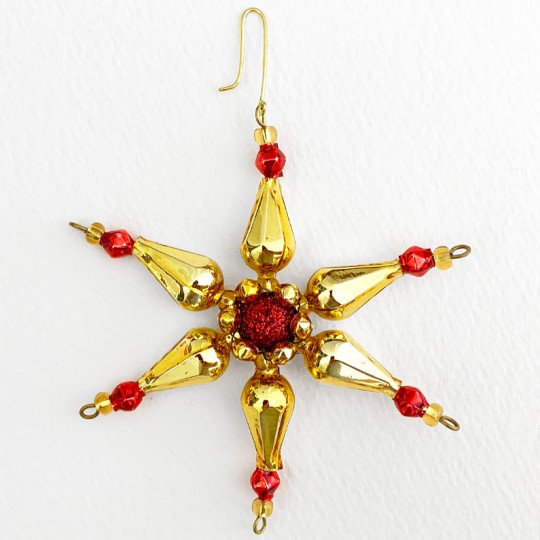 Red and Gold Glass Bead Pointed Star Ornament ~ 3-1/4" ~ Czech Republic