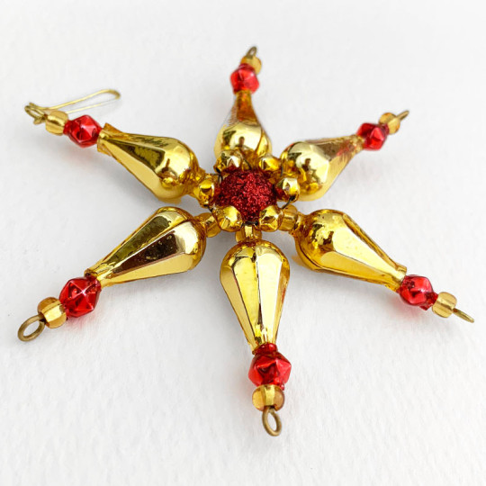 Red and Gold Glass Bead Pointed Star Ornament ~ 3-1/4" ~ Czech Republic