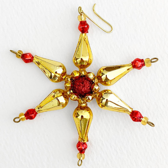 Red and Gold Glass Bead Pointed Star Ornament ~ 3-1/4" ~ Czech Republic
