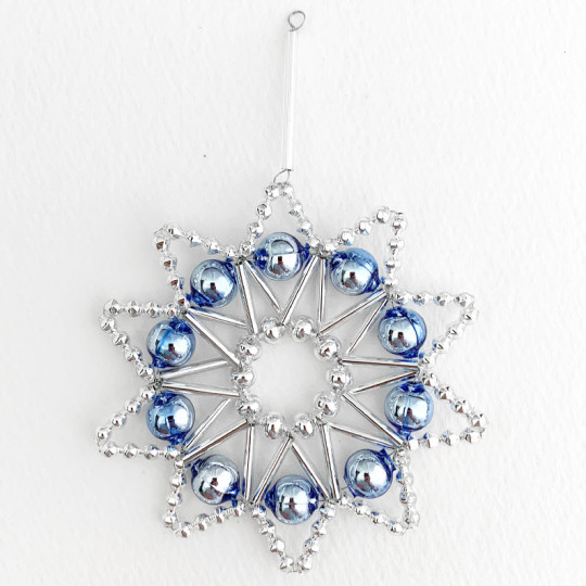 Blue and Silver Glass Bead Lace Star Ornament ~ 3" ~ Czech Republic