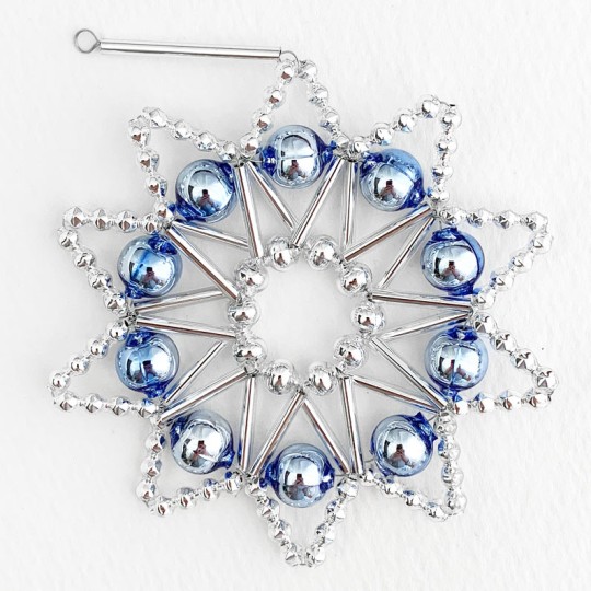 Blue and Silver Glass Bead Lace Star Ornament ~ 3" ~ Czech Republic