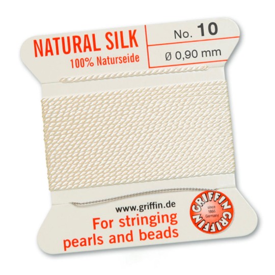 100% Natural Silk Bead Cord on Card ~ 2m long ~ White ~ Size #10