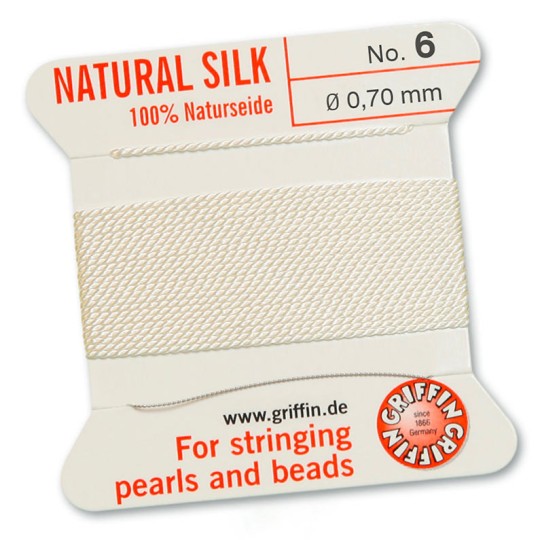 100% Natural Silk Bead Cord on Card ~ 2m long ~ White ~ Size #6