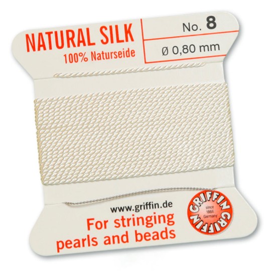 100% Natural Silk Bead Cord on Card ~ 2m long ~ White ~ Size #8