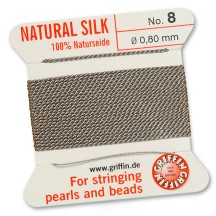 100% Natural Silk Bead Cord on Card ~ 2m long ~ Grey ~ Size #8