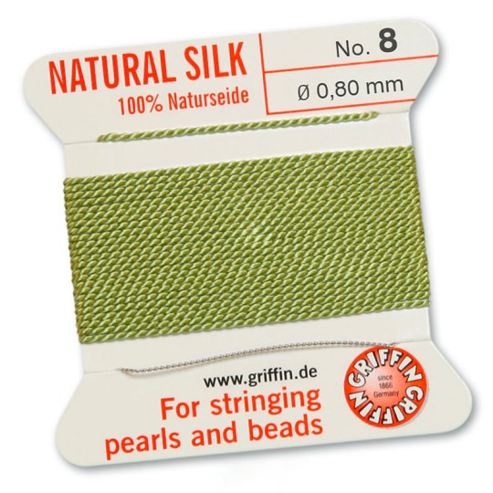100% Natural Silk Bead Cord on Card ~ 2m long ~ Jade Green ~ Size #8