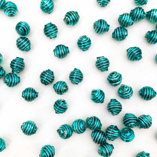 15 Aqua Ribbed Round Glass Beads ~ 8mm Beads for Glass Christmas Garlands