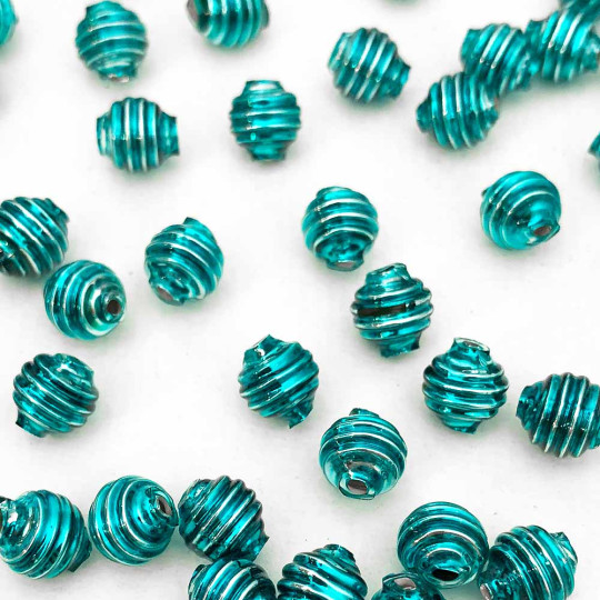 15 Aqua Ribbed Round Glass Beads ~ 8mm Beads for Glass Christmas Garlands