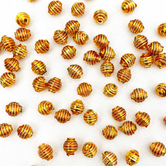 15 Gold Ribbed Round Glass Beads ~ 8mm Beads for Glass Christmas Garlands