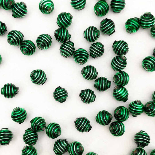 15 Green Ribbed Round Glass Beads ~ 8mm Beads for Glass Christmas Garlands
