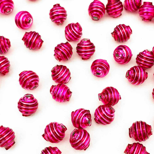 15 Hot Pink Ribbed Round Glass Beads ~ 8mm Beads for Glass Christmas Garlands