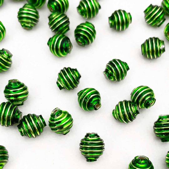 15 Lime Green Ribbed Round Glass Beads ~ 8mm Beads for Glass Christmas Garlands