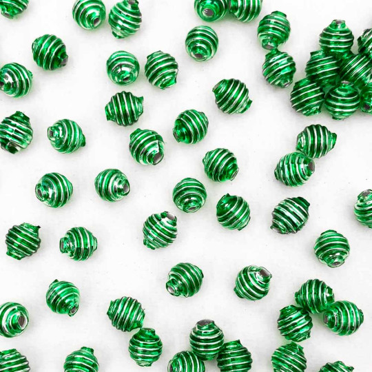 15 Light Green Ribbed Round Glass Beads ~ 8mm Beads for Glass Christmas Garlands