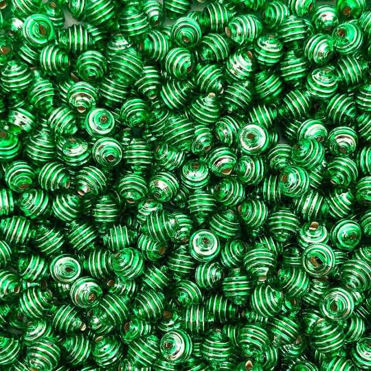 15 Light Green Ribbed Round Glass Beads ~ 8mm Beads for Glass Christmas Garlands