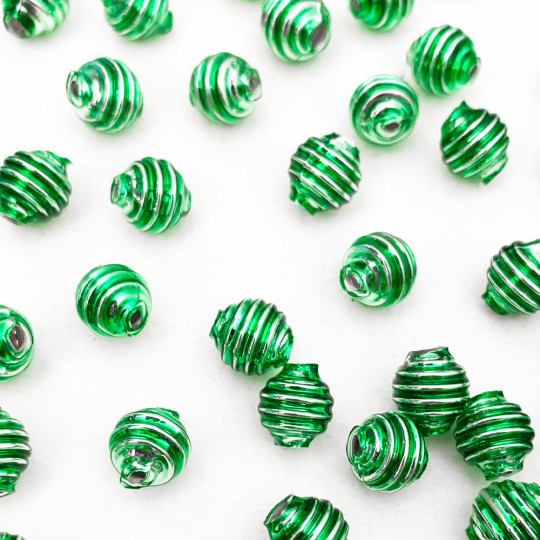 15 Light Green Ribbed Round Glass Beads ~ 8mm Beads for Glass Christmas Garlands