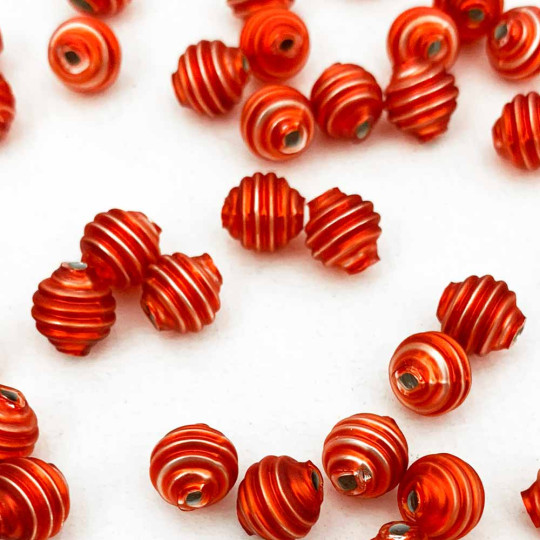 15 Matte Pumpkin Orange Ribbed Round Glass Beads ~ 8mm Beads for Glass Christmas Garlands