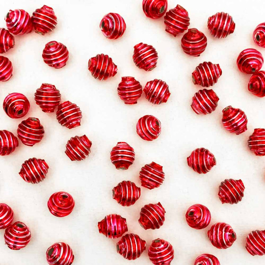 15 Medium Pink Ribbed Round Glass Beads ~ 8mm Beads for Glass Christmas Garlands