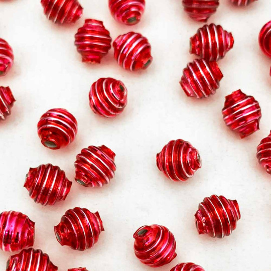 15 Medium Pink Ribbed Round Glass Beads ~ 8mm Beads for Glass Christmas Garlands