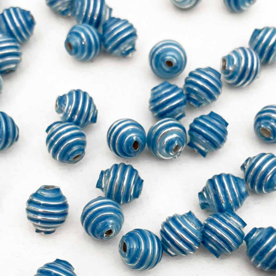 15 Pearl Light Blue Ribbed Round Glass Beads ~ 8mm Beads for Glass Christmas Garlands