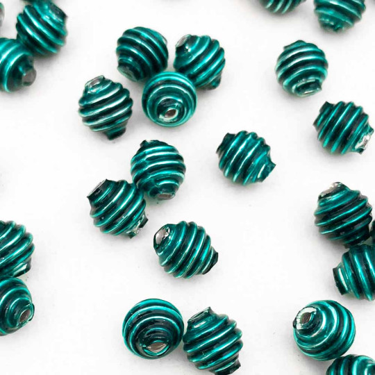 15 Pearl Teal Ribbed Round Glass Beads ~ 8mm Beads for Glass Christmas Garlands
