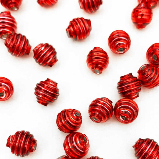 15 Red Ribbed Round Glass Beads ~ 8mm Beads for Glass Christmas Garlands