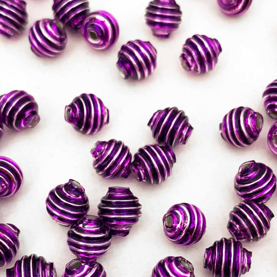 15 Violet Purple Ribbed Round Glass Beads ~ 8mm Beads for Glass Christmas Garlands