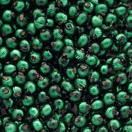 10 Dark Green Ribbed Round Glass Beads 10mm for Glass Bead Christmas Garlands
