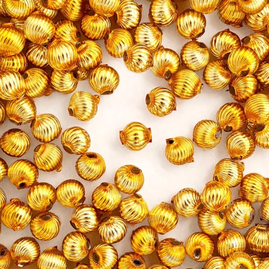 10 Gold Ribbed Round Glass Beads 10mm for Glass Bead Christmas Garlands