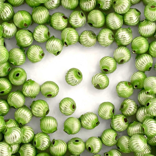 10 Pearl Green Ribbed Round Glass Beads 10mm for Glass Bead Christmas Garlands
