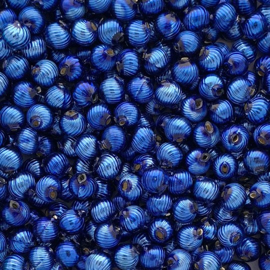 10 Blue Ribbed Round Glass Beads 10mm for Glass Bead Christmas Garlands