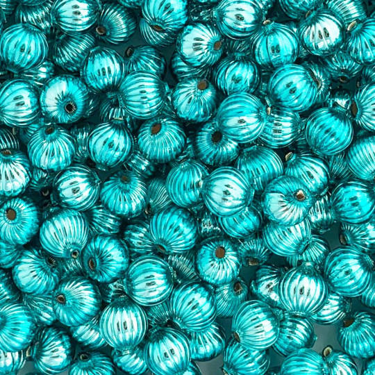 8 Aqua Ribbed Round Glass Beads 12 mm ~ Czech Republic