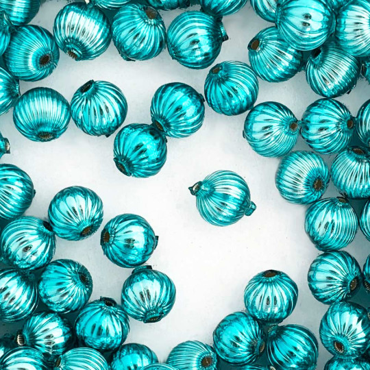 8 Aqua Ribbed Round Glass Beads 12 mm ~ Czech Republic