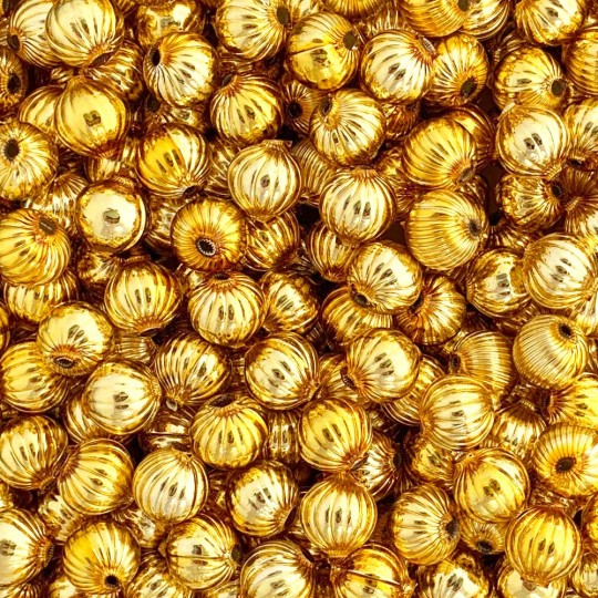 8 Gold Ribbed Round Glass Beads 12 mm ~ Czech Republic
