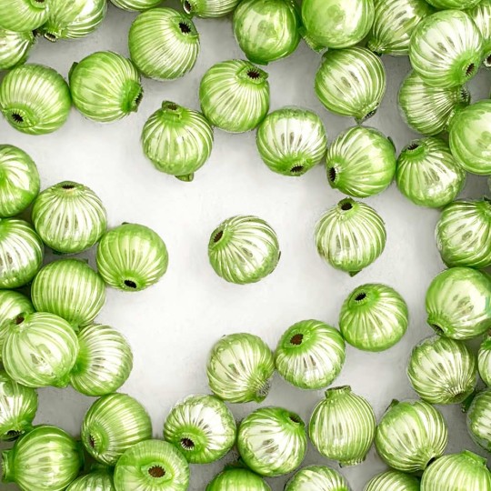 8 Pearl Green Ribbed Round Glass Beads 12 mm ~ Czech Republic