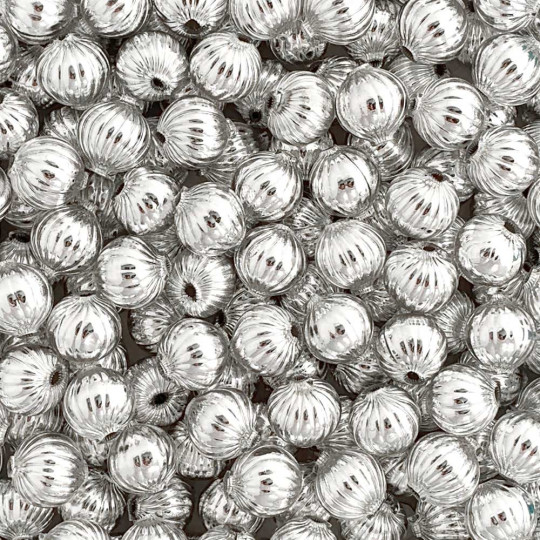 8 Silver Ribbed Round Glass Beads 12 mm ~ Czech Republic