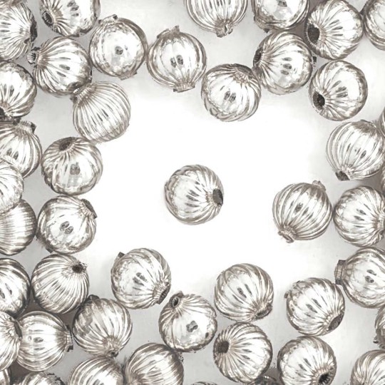 8 Silver Ribbed Round Glass Beads 12 mm ~ Czech Republic