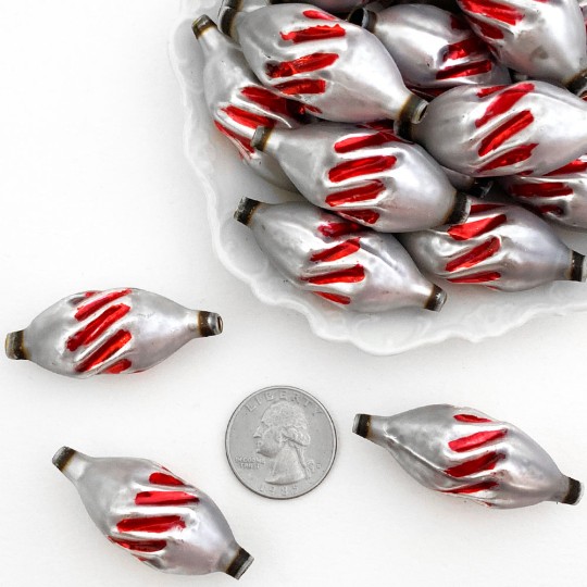 Large Silver and Red Fancy Victorian-style Twist Blown Glass Bead ~ Germany ~ 1-3/4"