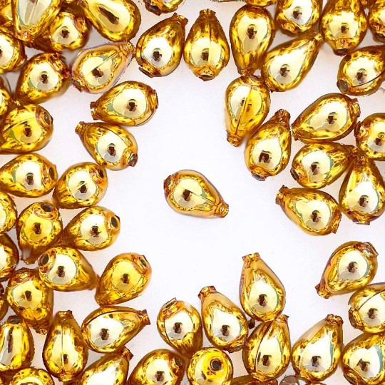 10 Gold Drop Blown Glass Beads .5" ~ Czech Republic