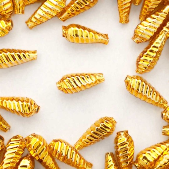 10 Gold Ribbed Drop Blown Glass Beads .75" ~ Czech Republic