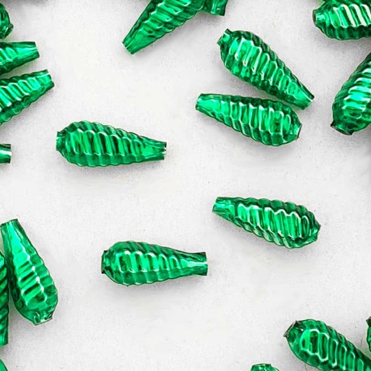 10 Green Ribbed Drop Blown Glass Beads .75" ~ Czech Republic