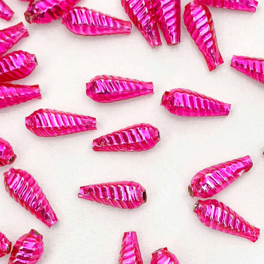 10 Hot Pink Ribbed Drop Blown Glass Beads 3/4" ~ Czech Republic