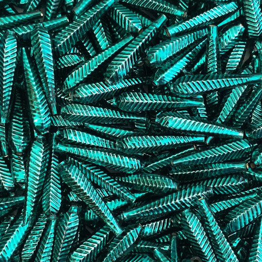 6 Dark Teal Long Ribbed Drop Glass Beads 1.25" ~ Czech Republic